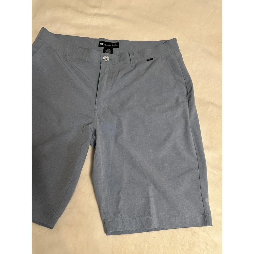 Travis Mathew Mens Golf Shorts Blue Micro Check Stretchy Sz 36 Preppy Athleisure